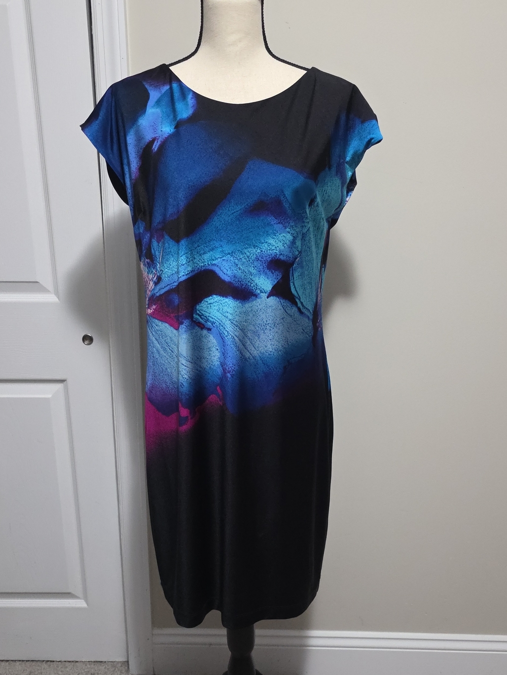 Chico's Exploded Flower Lola Shift Sheath Dress Sz 1 Medium Blue Pink